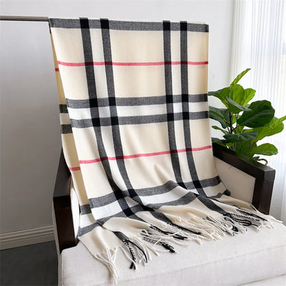 Luxury Brand Winter Plaid Cashmere-Like Blanket Scarf - Thick Warm Pashmina Shawl Wrap with Tassels, Poncho Stoles Echarpe