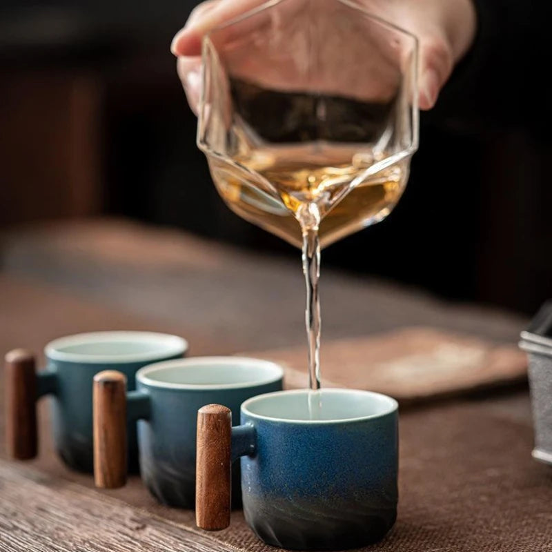 80ML Handmade Ceramic Coffee Cup with Wooden Handle - Office Tea Mug with Filter, Perfect Birthday Gift