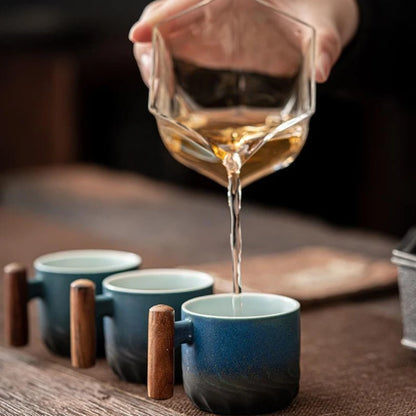 80ML Handmade Ceramic Coffee Cup with Wooden Handle - Office Tea Mug with Filter, Perfect Birthday Gift