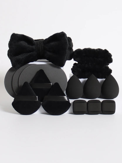 15Pcs Multi-Colored Fluffy Headband & Makeup Sponge Set - Sweet Style Beauty Essentials