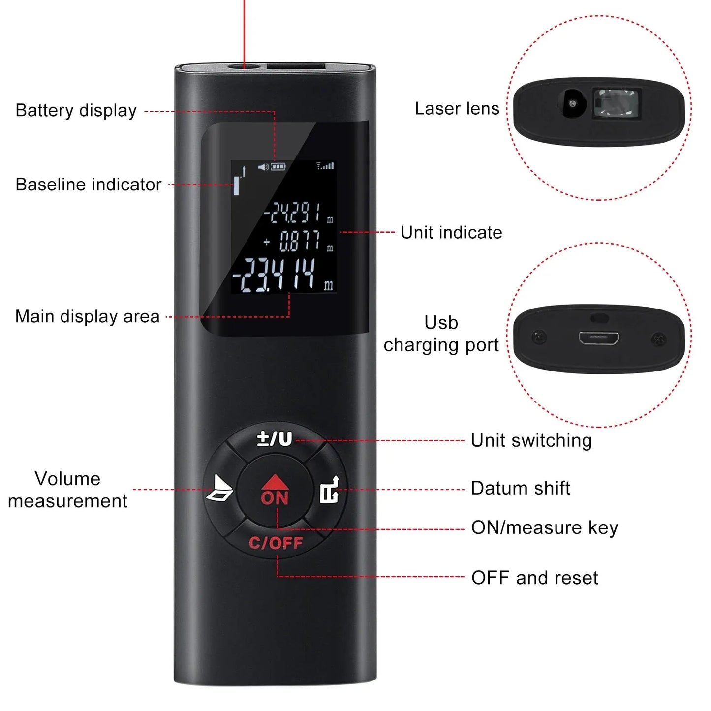Portable Mini Smart Laser Distance Meter: USB Rechargeable Infrared Rangefinder - Handheld Range Finder Tool, Measures up to 40M/60M