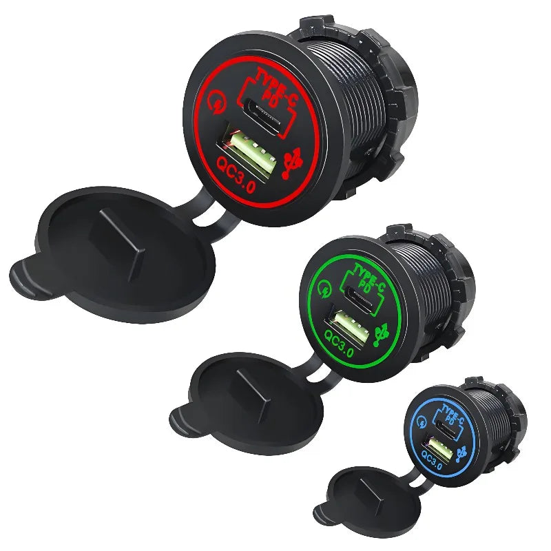48W Quick Charge 3.0 Waterproof USB Car Charger 12V/24V PD Type-C + QC3.0 Dual USB Fast Charging Socket with LED Voltmeter for Cars, Trucks & Boats