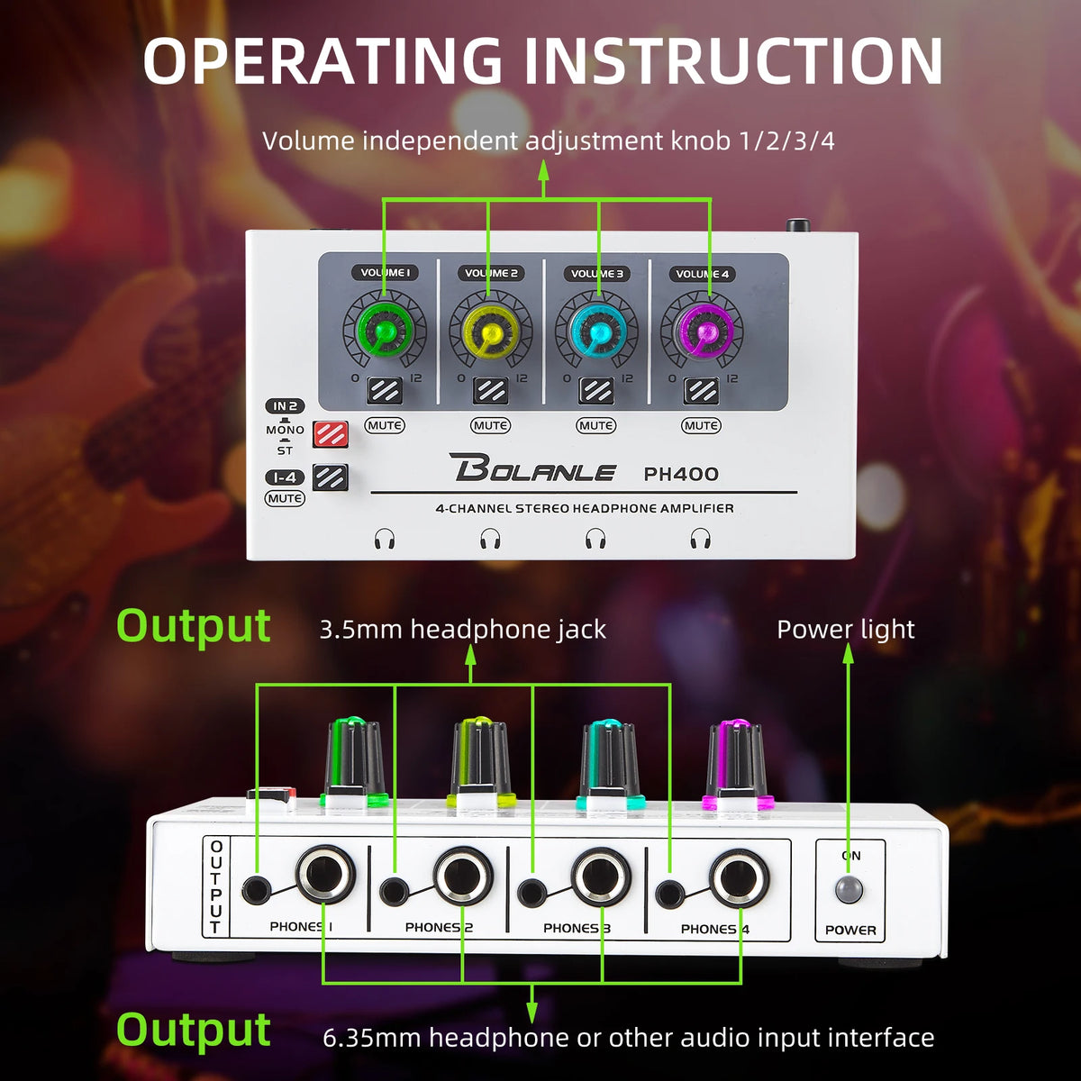 Bolanle PH400 Headphone Amplifier - 4-Channel Stereo Distribution System 600Ω High-Impedance RGB Studio Audio Amplifier