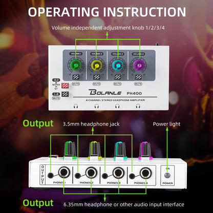 Bolanle PH400 Headphone Amplifier - 4-Channel Stereo Distribution System 600Ω High-Impedance RGB Studio Audio Amplifier