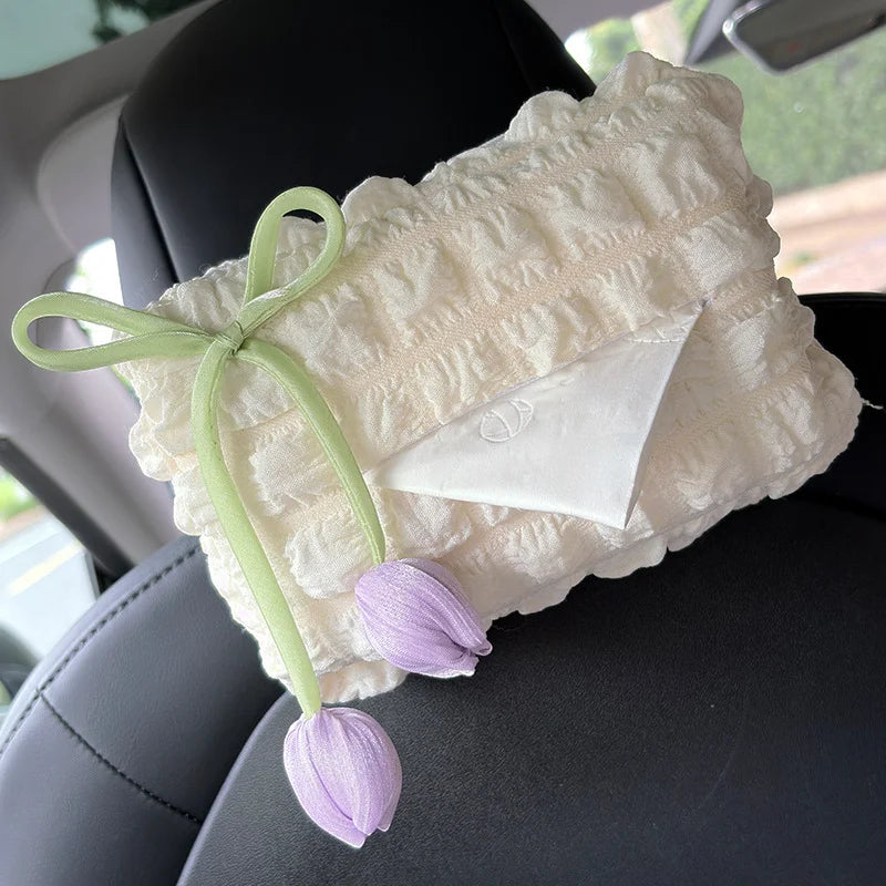 Car Tulip Puff Tissue Box - Creative Hanging Tissue Holder for Car Interior & Armrest