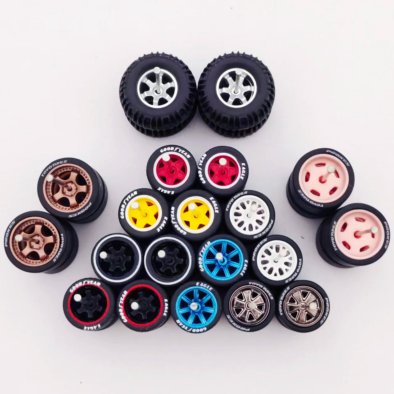 1:64 Alloy Car Wheels & Rubber Tires Set - Replacement Axles for Hot Wheels, Matchbox & Model Cars