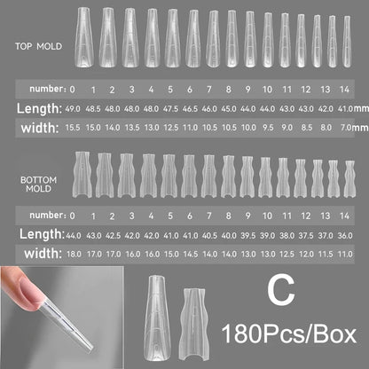 180pcs Sandwich Dual Nail Forms – 15 Sizes Coffin & Almond Nail Extension Molds for Manicure, Top & Bottom Forms