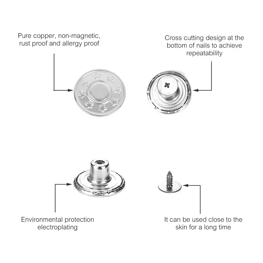 Metal Jeans Buttons Replacement Kit - 10Pcs 17mm Screw-on No-Sewing Buttons for Clothing Repair, Nailless Jean Buckles