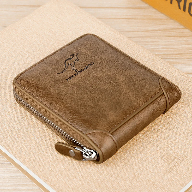 Luxury Leather Men's Wallet – RFID Zipper Card Holder with Coin Pocket, Perfect Gift for Men