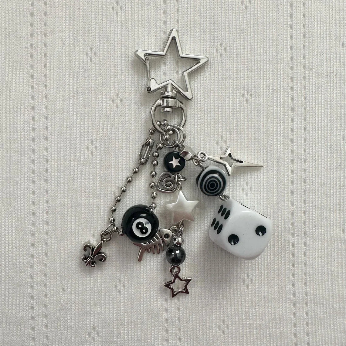 Handmade Rockstar GF Black & White Dice Keychains – Edgy Grunge Y2K Beaded Jewelry, Emo Bag Pendant Accessory