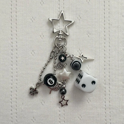 Handmade Rockstar GF Black & White Dice Keychains – Edgy Grunge Y2K Beaded Jewelry, Emo Bag Pendant Accessory