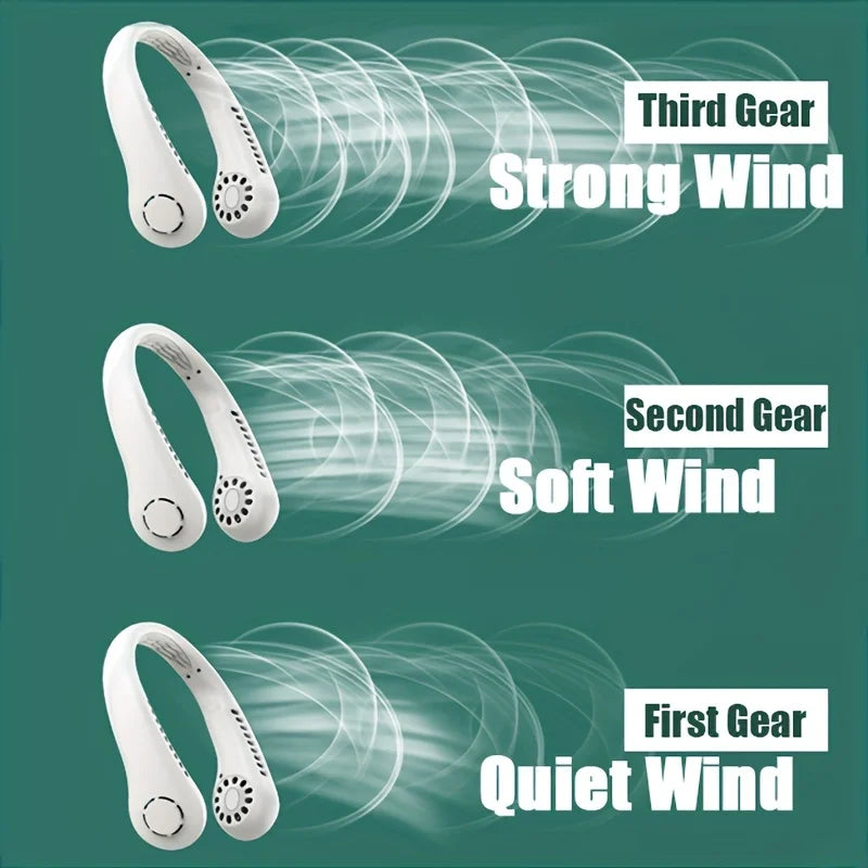USB Rechargeable Hanging Neck Fan – Adjustable Mini Leafless Personal Cooler with Strong Airflow for Outdoor Use