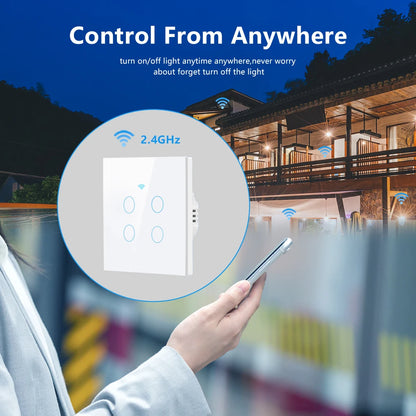 Tuya WiFi Smart Touch Light Switch - Wireless LED Control, No Neutral Wire Required, 1-4 Gang, Compatible with Alexa and Google Home