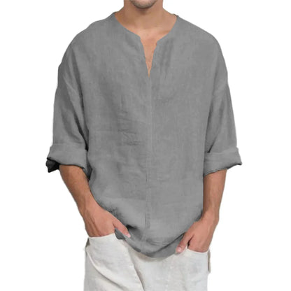 Men’s Cotton Linen V-Neck T-Shirt - Lightweight Breathable Long Sleeve Casual Solid Color Comfort Top