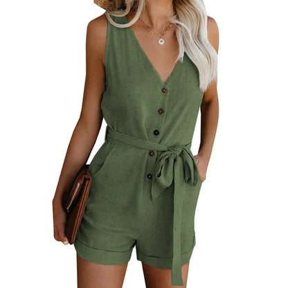 European & American Summer Style: Women's Casual Monochromatic V-Neck Jumpsuit with Five-Point Shorts - New Arrival