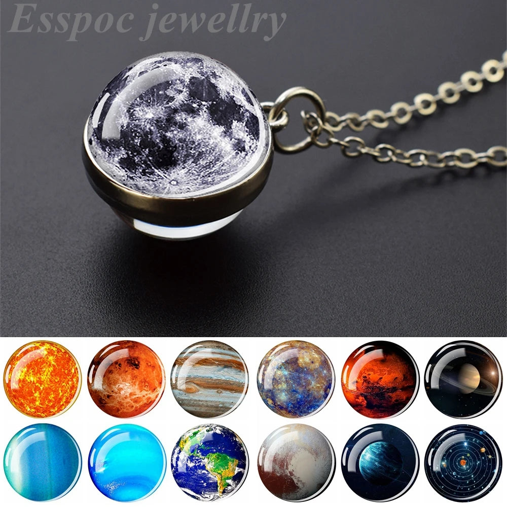 Solar System Planet Glass Ball Necklace – Moon, Earth, Jupiter & More Space-Themed Pendant for Women Fashion Gift