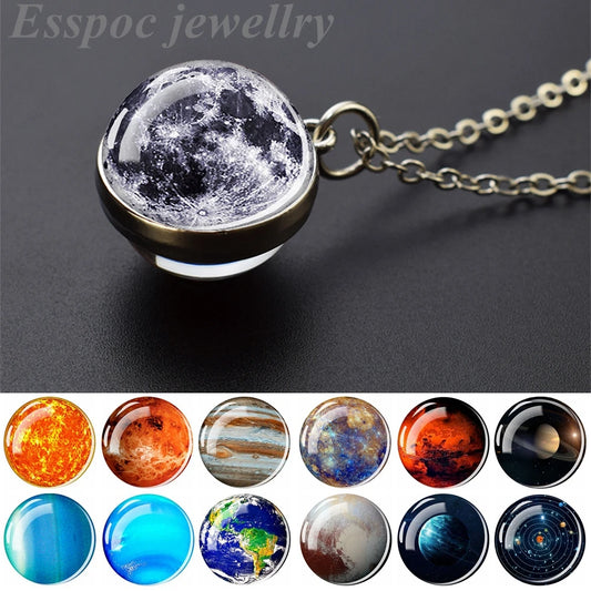 Solar System Planet Glass Ball Necklace – Moon, Earth, Jupiter & More Space-Themed Pendant for Women Fashion Gift