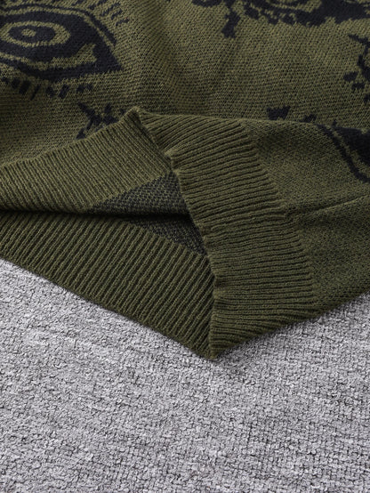 Men's Abstract Eye Jacquard Sweater - Round Neck Knitted Autumn Winter Casual Pullover Top