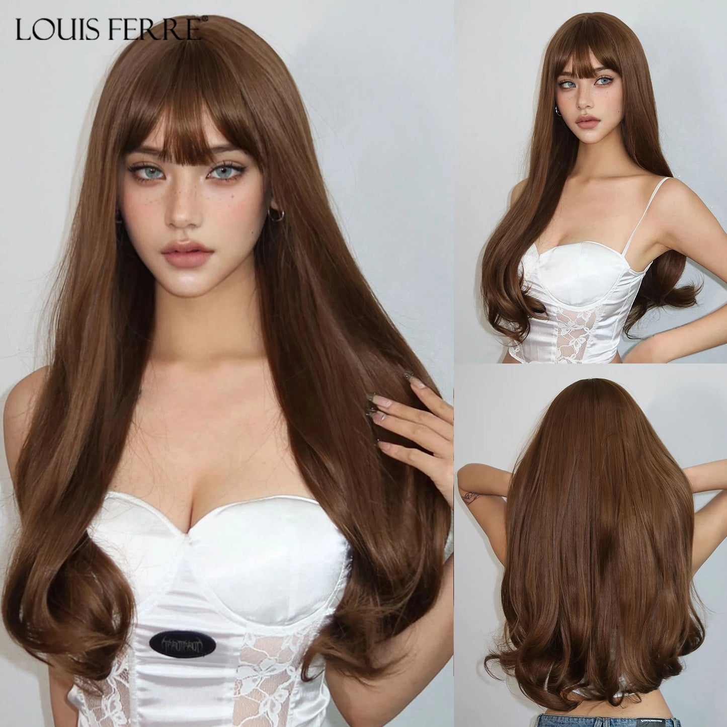 LOUIS FERRE Straight White Synthetic Wig – Long Natural Hair Wig with Bangs, Heat Resistant, Daily Wear for White Women