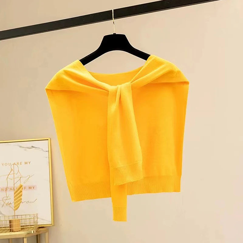 Striped Knitted Shawl Scarf – Warm Winter Cape with Fake Collar for Women