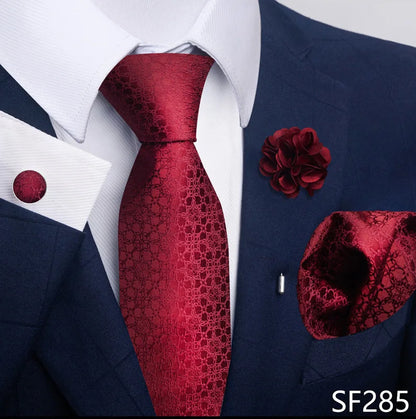 Luxury Men's Floral Black and Gold Tie Set - Paisley Necktie with Pocket Square, Cufflinks and Brooch for Weddings and Parties