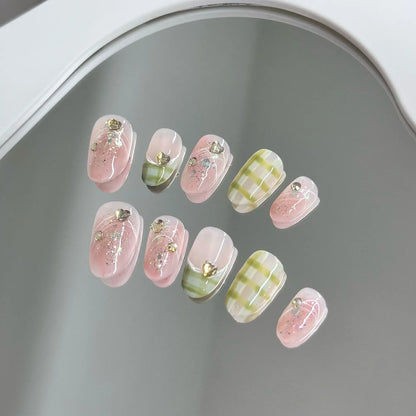 10 Pcs Short Handmade Pink Press-On Nails – Spring French Rhinestone Plaid Full Cover Fake Nail Tips