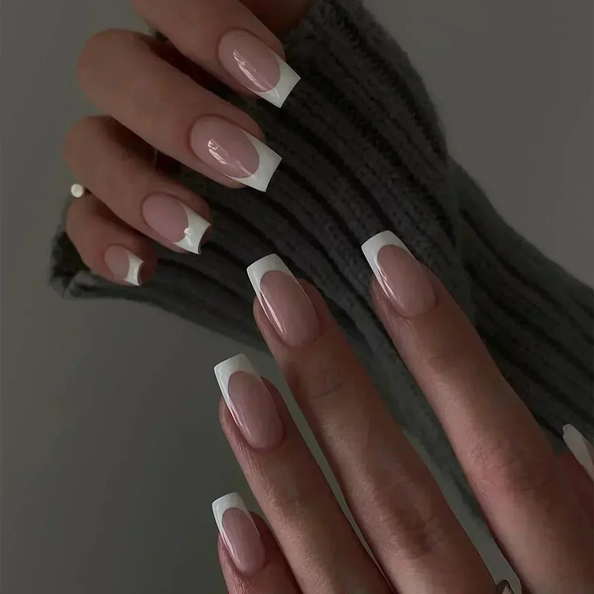 24Pcs French Press On Nails - Almond Fake Nail Tips with Glue, White Edge Design & Pink Stiletto Style Manicure Set