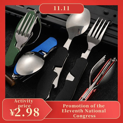 4-in-1 Foldable Tableware Set - Stainless Steel Spoon, Fork, Knife, and Bottle Opener - Compact Pocket Kits for Outdoor Use