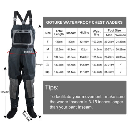 Goture 100% Waterproof Fly Fishing Waders – Breathable Chest Overalls in S, M, L, XL, XXL with Boots