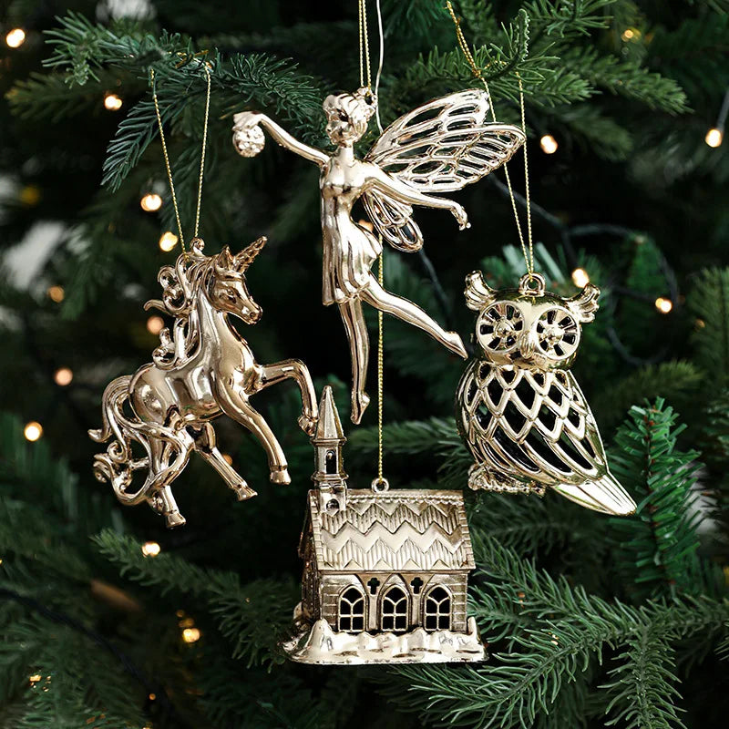 Christmas Tree Ornaments – Gold Plastic Balls with Butterfly, Dragonfly, Angel & Snowflake Decorations