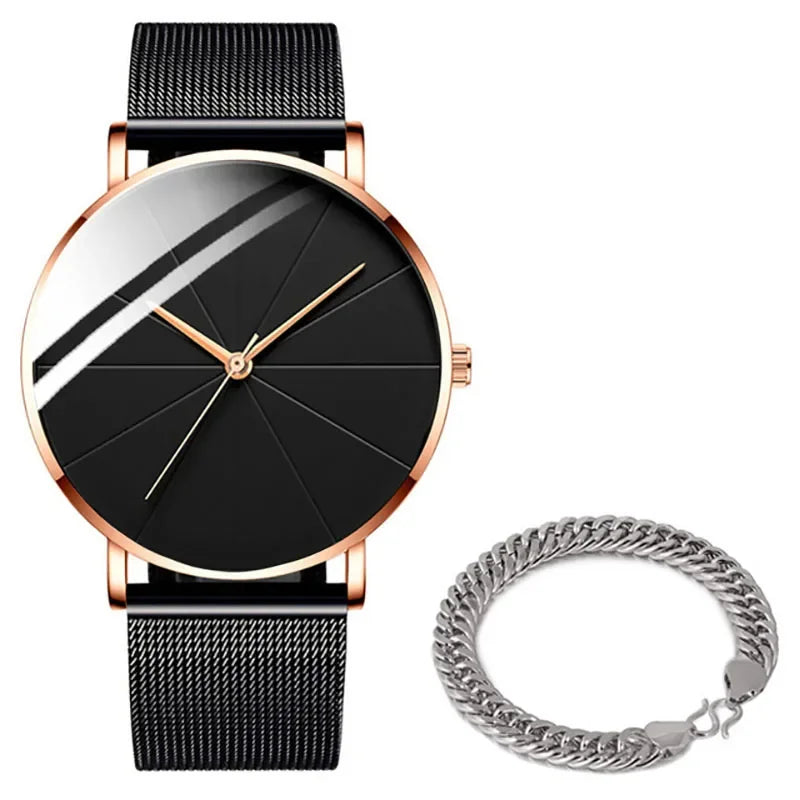 Men’s Minimalist Ultra-Thin Quartz Watch – Stainless Steel Mesh Band Business Fashion Wristwatch