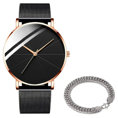 Men’s Minimalist Ultra-Thin Quartz Watch – Stainless Steel Mesh Band Business Fashion Wristwatch