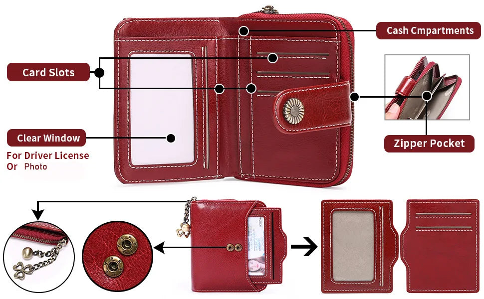 Genuine Leather Short Wallet for Women — Slim Hasp & Zipper Mini Purse, Portable Coin & Card Holder