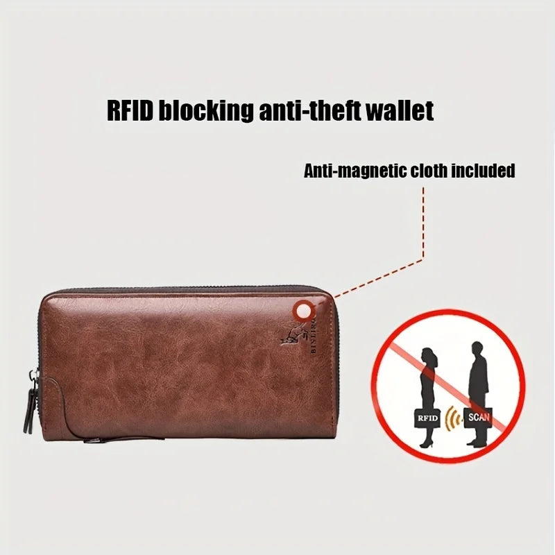 Men's Long Zipper Wallet – High-Quality PU Leather, RFID Blocking Business Clutch, Credit Card Holder