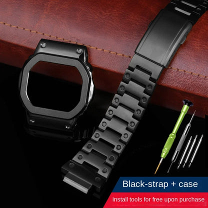 Stainless Steel Metal Case & Strap for Casio G-SHOCK DW5600, GW-M5610, 5000 & GW-B5600 – Gold & Black Modified Watchband