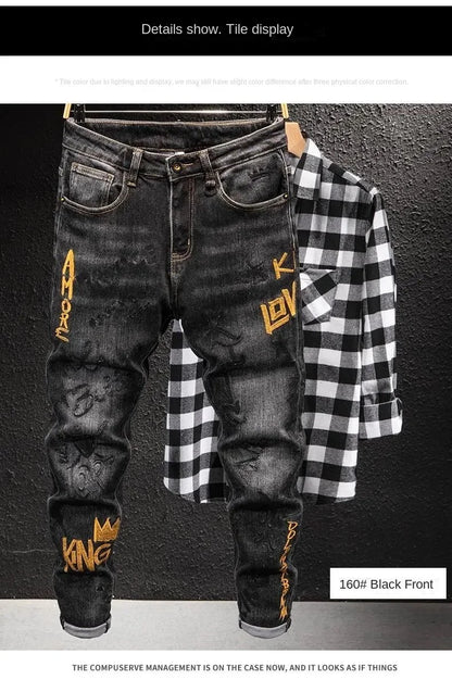 Luxury Korean Streetwear Slim Fit Denim Jeans – Punk Style with 3D Embroidery for Spring & Autumn