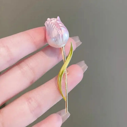 Luxury Tulip Flower Brooch Pin with White Stone – Elegant Rose Floral Jewelry for Women (2023 Design)