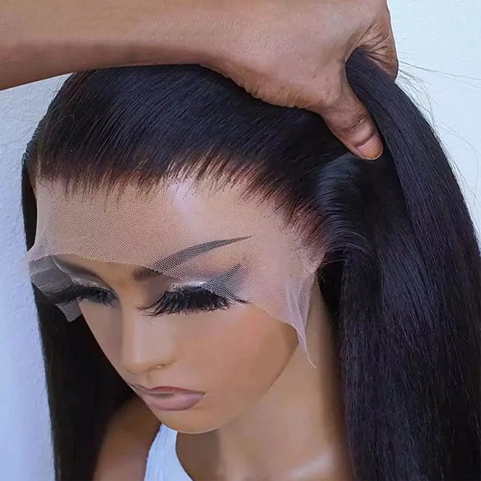 Kinky Straight 13x4 Lace Front Wig – Brazilian Human Hair, Bone Colored Yaki Straight, Transparent Lace Frontal Wig for Women