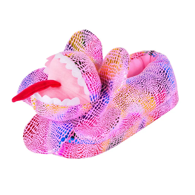 Winter Dinosaur Cotton Slippers for Women — Cartoon T-Rex Plush Velvet Home Slippers, Warm & Non-Slip Floor Shoes