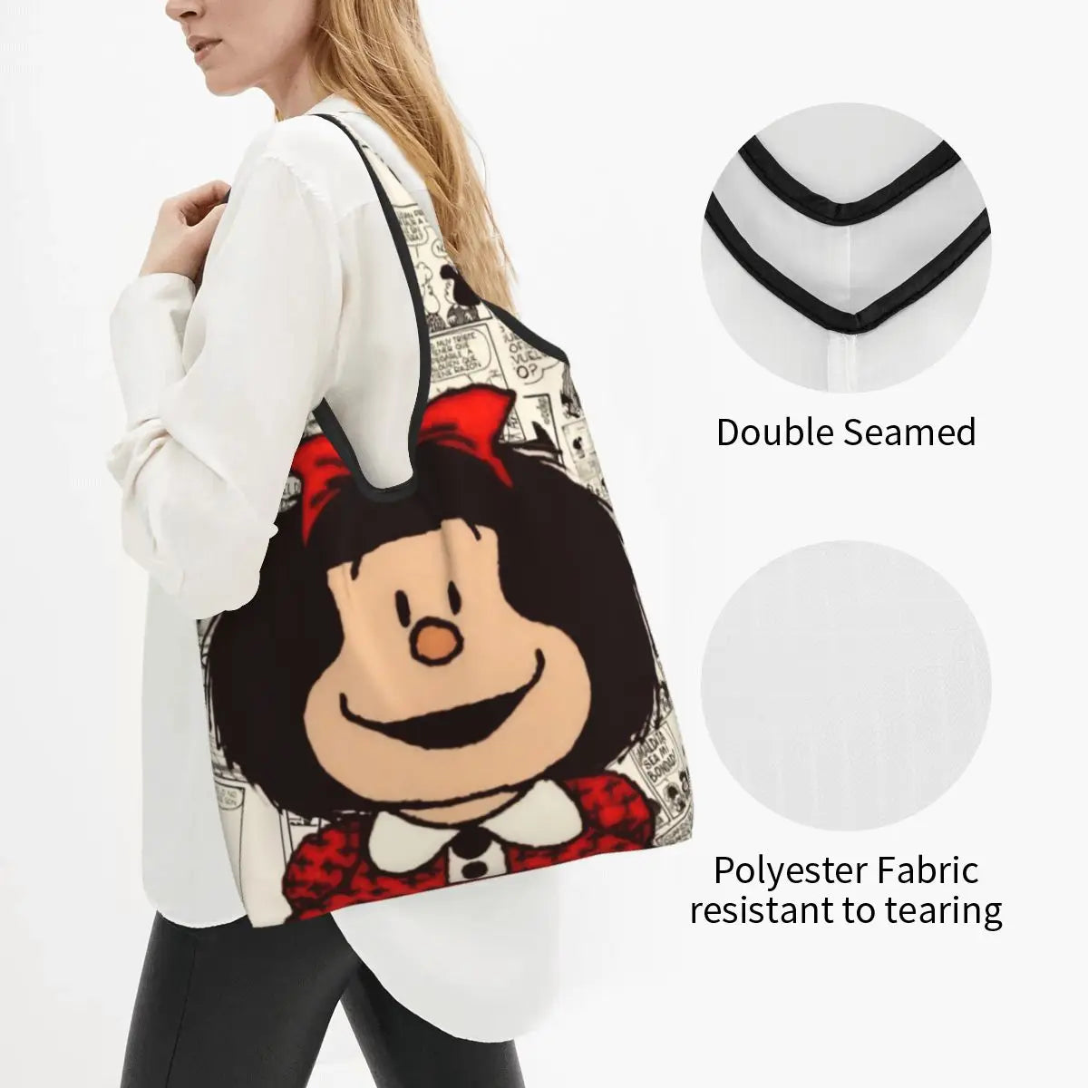 Anime Mafalda Cartoon Grocery Tote Bag – Large Capacity Fashion Shopper Shoulder Handbag, Portable Kawaii Canvas Bag for Everyday Use