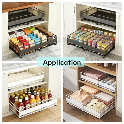 Expandable Cabinet Drawer Organizer - Pull-Out Storage Tray with 3 Sliding Rails