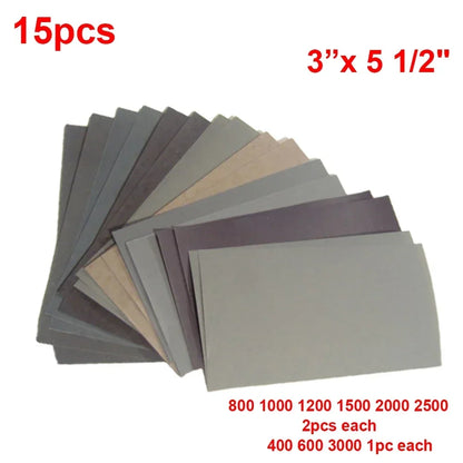 15PCS Sandpaper Set - 400-3000 Grit Wet & Dry Sanding Paper for Polishing, Smoothing & DIY Projects