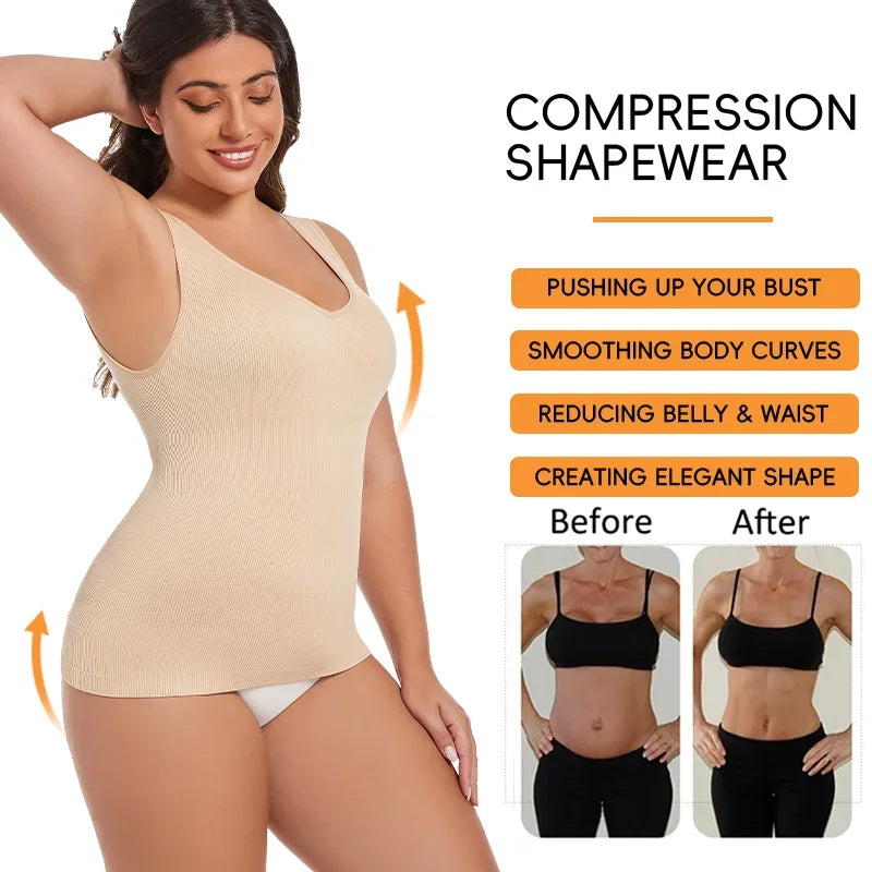 Women’s Sleeveless Shapewear Tank Top - V Neck Compression Body Shaper Shirt with Tummy Control & Wide Strap Support