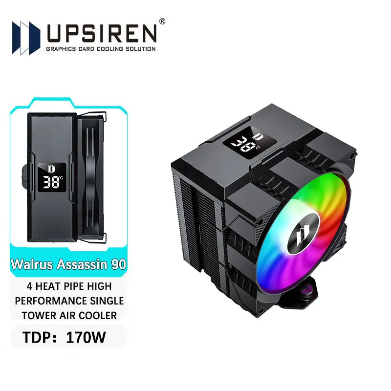 UPSIREN Walrus Assassin 90 CPU Cooler — 4 Heatpipe Air Cooler with 92mm Fan & Digital Display for Intel LGA1700/1200 & AMD AM4/AM5