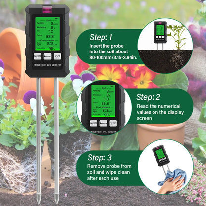 Digital 6 in 1 Soil Tester - pH, Fertility, Moisture, Sunlight, Humidity & Temperature Monitor for Garden Soil Analysis