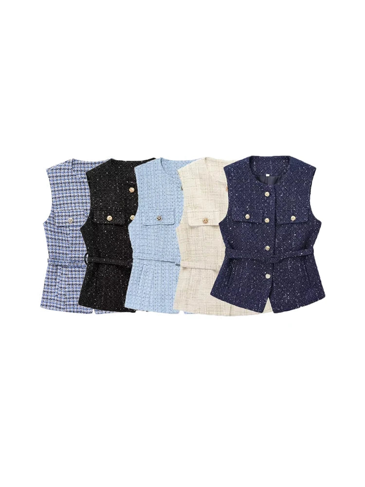 TRZA Women’s Tweed Waistcoat — Sleeveless O-Neck Top with Belt & Front Buttons, Chic Fashion Outerwear