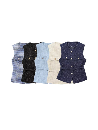 TRZA Women’s Tweed Waistcoat — Sleeveless O-Neck Top with Belt & Front Buttons, Chic Fashion Outerwear