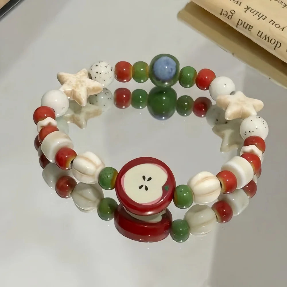Retro Apple Ceramic Bead Bracelet - Colorful Star Charm Fashion Jewelry Accessory for Women