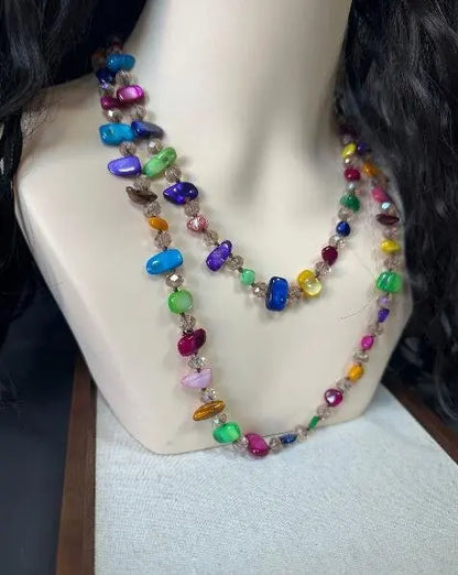 Bohemian Natural Stone Necklace - Handmade Double Layer Crystal Bead Long Chain Jewelry Gift for Women