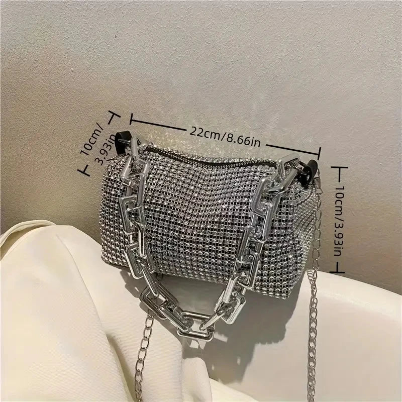 Allover Rhinestone Bucket Bag – Glitter Chain Prom Purse, Women's Mini Crossbody Bag (6.3 x 3.54 Inches)
